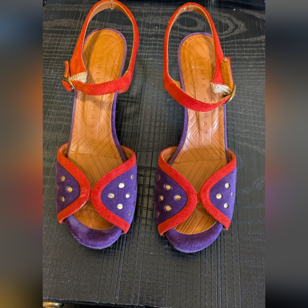 Chie Mihara Red and Purple Suede Heels RARE